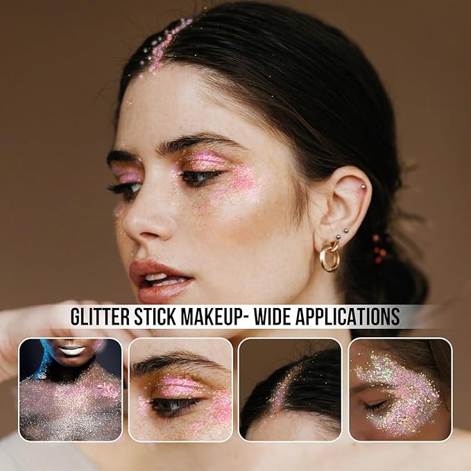Brzeaf Pink Glitter Stick, Not Greasy & Long Lasting, Halloween Face Glitter Gel, Chunky Glitter for Face/Body/Hair/Eyes/Lip, Singer Concert Music Rave Festival, Glitter Stick Makeup for Women Men