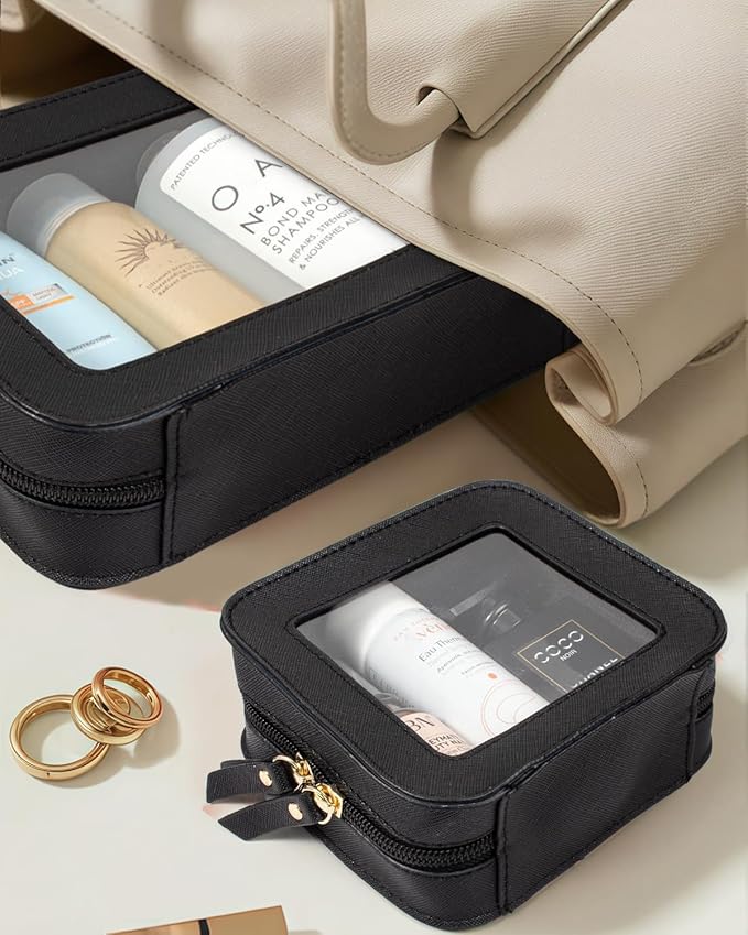 2 Pcs Travel Clear Makeup Bag Set, Clear White Makeup Organizer with Zipper Leather Travel Bags for Toiletries Small Cosmetic Bags for Women Mini Make up Pouch Toiletry Bags Car Essentials