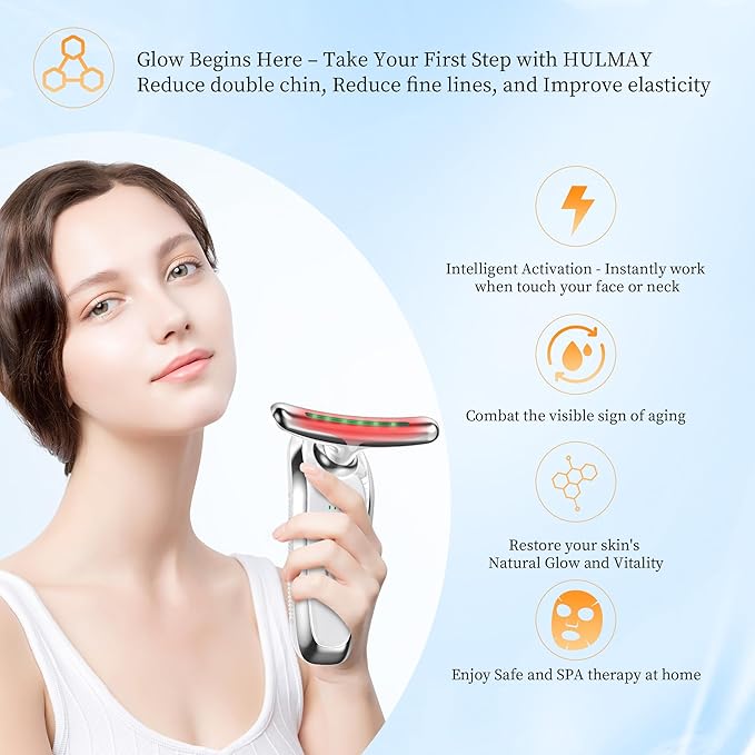 7-in-1 LED Facial & Neck Massager Tool, Red Light Therapy for Face, Reduce Fine Lines & Double Chin, Neck Tightening, True Beauty Glow Facial Massager - at Home Skin Care Sculpting Tool