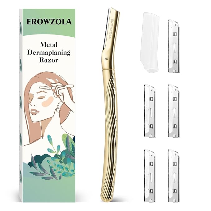 Eyebrow Razor, Face Razors for Women and Men, Reusable Metal Handle with 6 Refill Blades, Eyebrow Trimmer with Precision Cover, Dermaplane Razor, Skin Care Tool - Gold