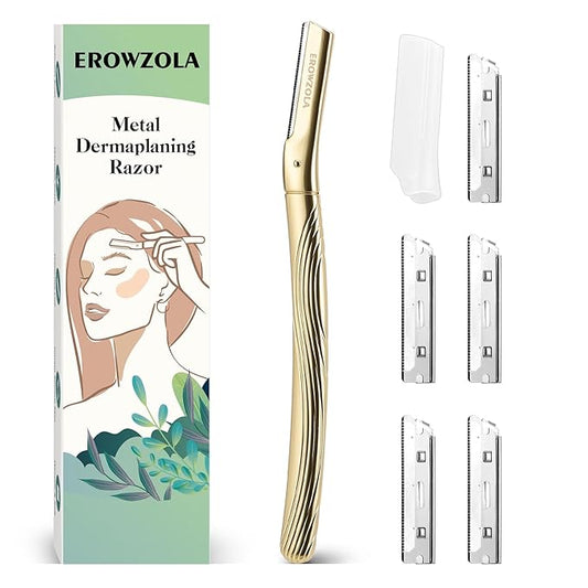 Eyebrow Razor, Face Razors for Women and Men, Reusable Metal Handle with 6 Refill Blades, Eyebrow Trimmer with Precision Cover, Dermaplane Razor, Skin Care Tool - Gold