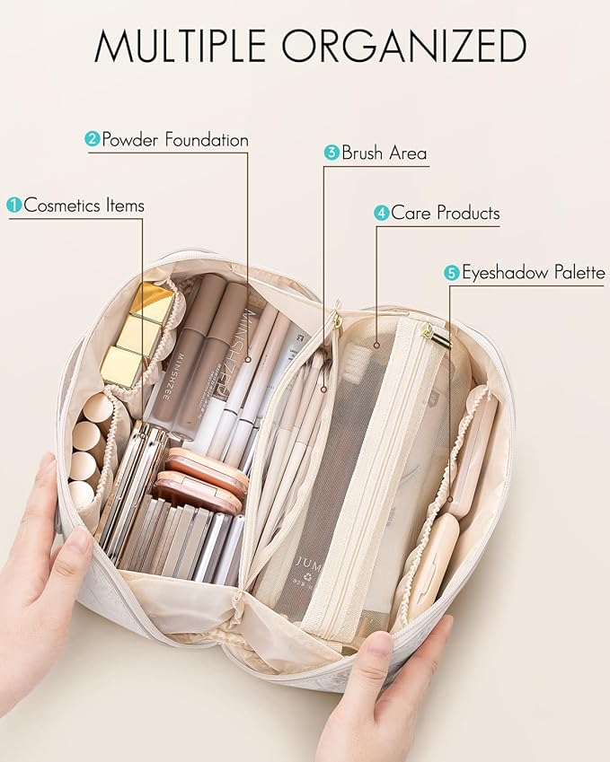 Vlando Makeup Bag,Large Capacity Toiletry Bag for Women Waterproof Portable Make up Pouch PU Leather Open Flat Cosmetic Bag(Cream White)