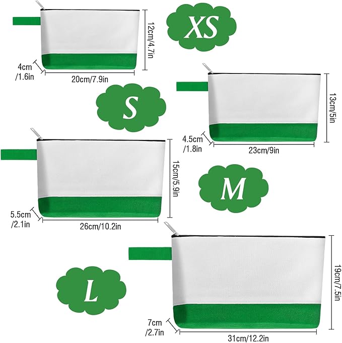 10 Pieces Cotton Canvas Makeup Bag with Bottom and Strap, Multi-Purpose Cosmetic Bag with Zipper Travel Toiletry Pouch, Blank DIY Craft Bag (White&Green, L)