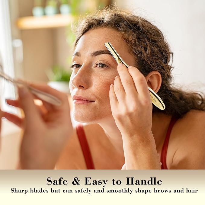 Eyebrow Razor for Women and Men, Face Razors for Women, Dermaplane Razor with Protective Silicone Cover, Reusable Metal Handle with 6 Refill Blades, Skin Care Tool - Shiny Gold