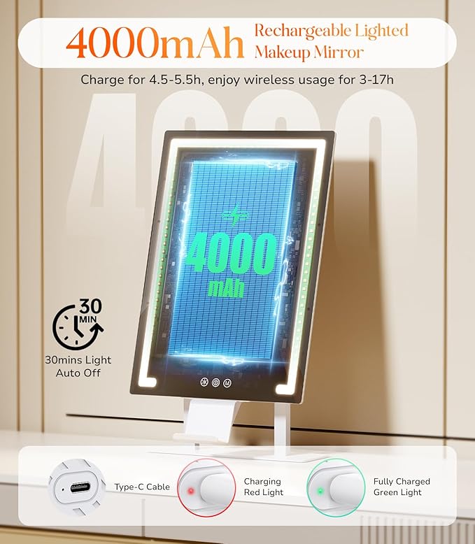 Gospire Lighted Makeup Mirror, Hollywood 4000mAh Rechargeable Vanity Mirror with 5X/10X Magnification, 3-Color Dimmable Lighting, Touch Control, Phone Holder, 11”x16.8” LED Tabletop Mirror for Bedroom