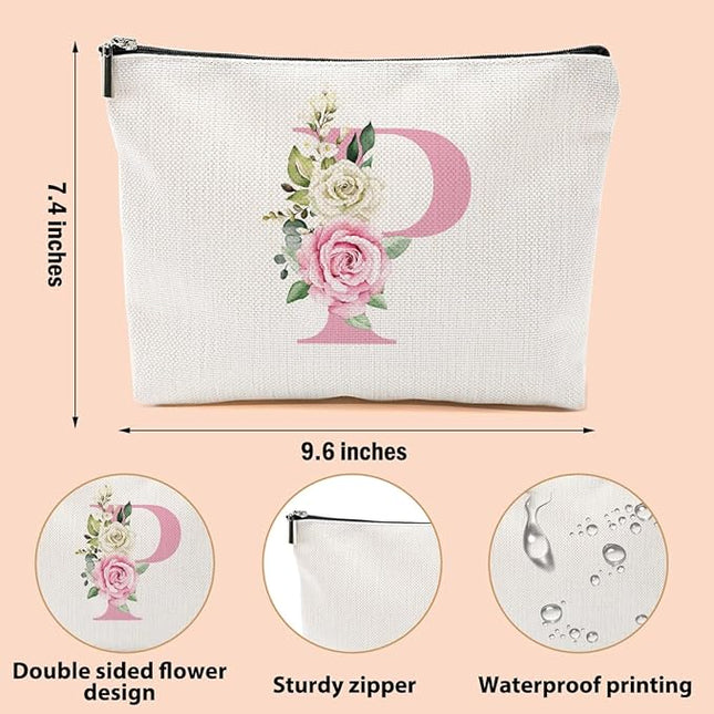 Pink Monogram Makeup Bag, Initial P, Cosmetic Bag Personalized Travel Organizer Bags Makeup Pouch, Monogrammed Gifts for Women Girls Friend Sisters Bridesmaid Wedding Bridal Shower Gifts