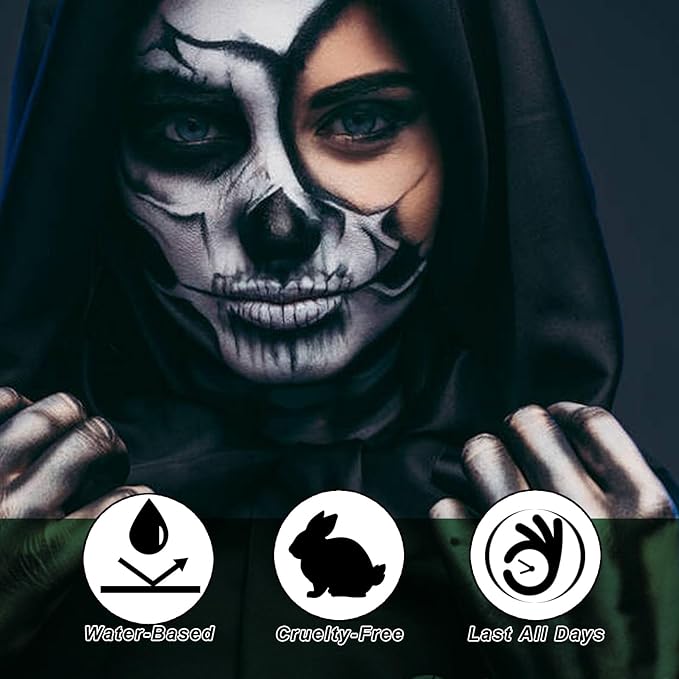 Black White Light Grey Face Body Paint 1.01 oz/pc with 3 Sponges,Water Based Face Paint Kit for Clown Joker Devil Vampire Skeleton Cosplay Makeup,Halloween SFX Makeup Cream Body Paint,3.03 oz