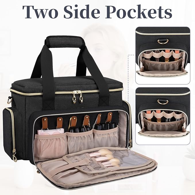 Large Makeup Bag, Portable Travel Makeup Bag Organizer for Women Girls with 2 Removable Pouches & Detachable Dividers, Cosmetic Travel Bag, Toiletry Bag for Makeup and Hair Supplies Black