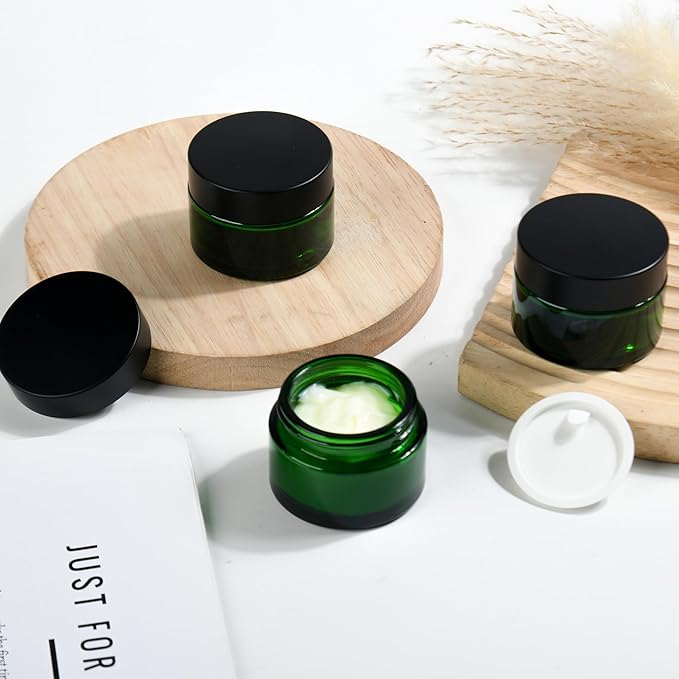 2 oz Reusable Green Glass Container Jars 24 Pack with Wide-mouth Leak Proof Cap and Inner Pull-On Lid for Travel Storage Makeup, Face Creams, Body Lotions, DIY Crafts or Others