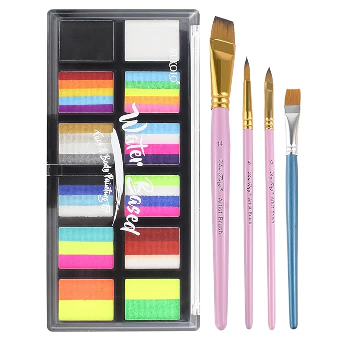 Face Painting Kit for Kids & Adults, Split Cake Face Paint Palette, Water Activated Face Paint with 4 Brushes, Safe & Quick-Dry, Perfect for Halloween Party Birthday Cosplay