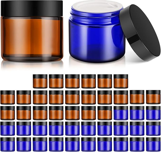 Bumobum 2 oz Glass Jars with Lids, 48 pack Round Small Containers with Black Lids, Blank Labels & Inner Liners, Empty Cosmetic Containers for Sample, Powder, Cream, Lotion Amber and Blue