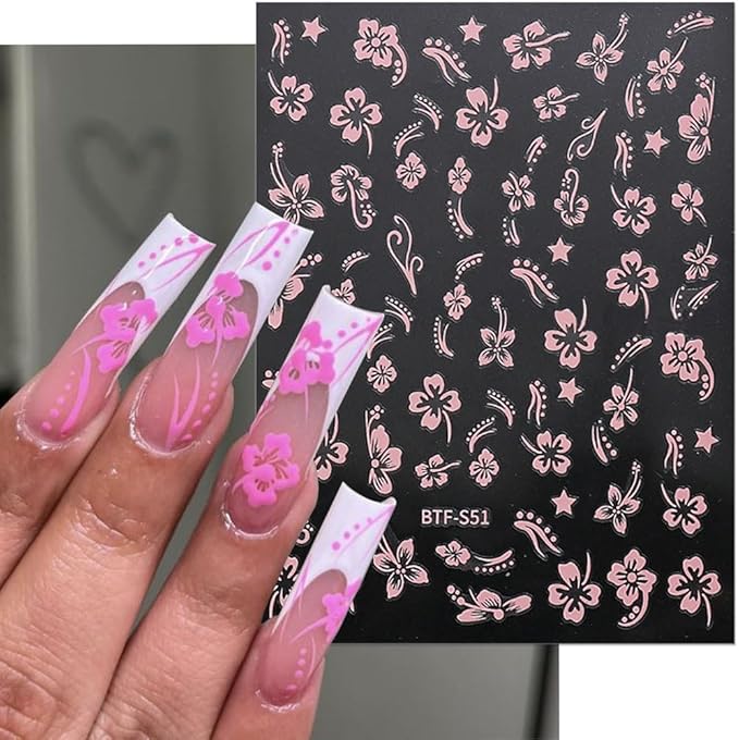 Dornail 8 Sheets 3D Colorful Flower Nail Stickers,Hollow White Hibiscus Flowers Nail Art Stickers Blooming Pink Hibiscus Floral Leaf Nail Decals for Women DIY Nail Art Supplies Nail Designs Nail Decor