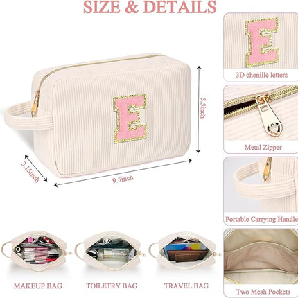Personalized Initial Makeup Bag Trendy Stuff Corduroy Cosmetic Bag Travel Toiletry Bag, Valentine’s Day Gift Makeup Organizer Case & Makeup Pouch for Women Teen Girls Mom Girlfriend Wife