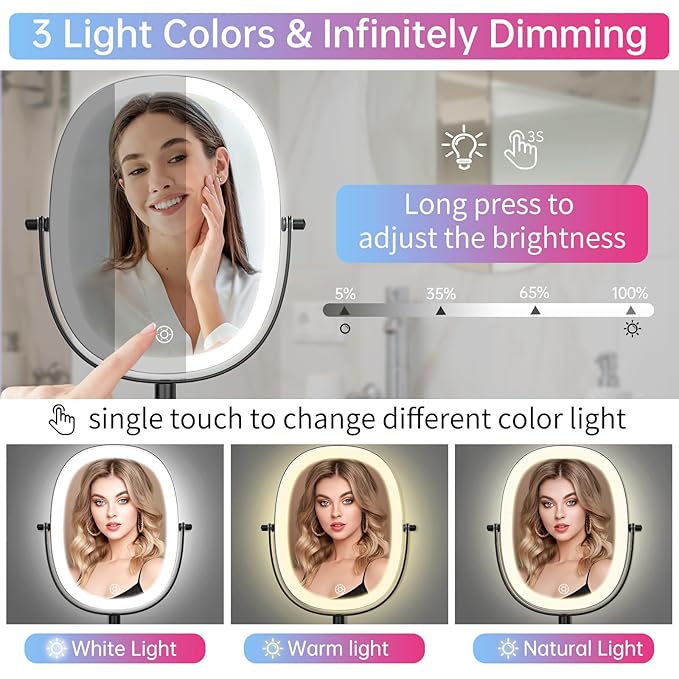 FUNTOUCH Rechargeable Wall Mounted Lighted Makeup Vanity Mirror, Double Sided 1X/7X Magnification, 3 Dimmable Light Settings, Extension Arm, Oval Frame, Ideal for Makeup