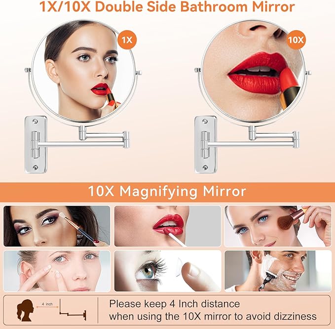 8 inch Wall Mounted Makeup Magnifying Mirror, 1X/10X Double-Sided Wall Mount Shaving Mirror with Extendable Arm, 360° Swivel for Vanity and Bathroom, Chrome Finish（No Light）