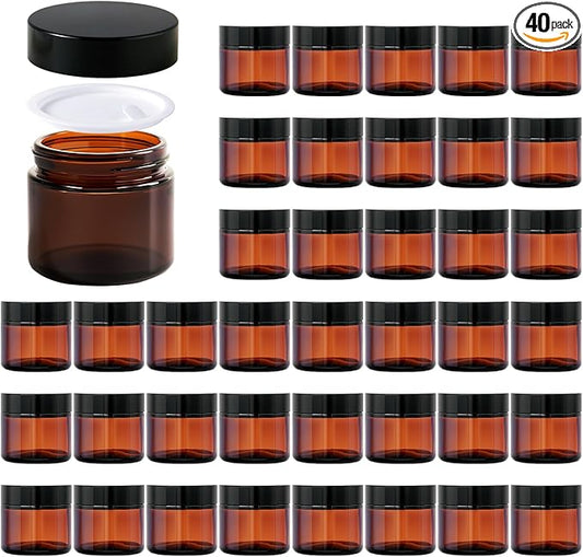 2oz Jars with Lids, HOA Kinh 40 Pack Amber Glass Jars with Lids Empty Cosmetic Containers Round Airtight Glass Jar with Black Lid for Storing Lotions Powders Ointments