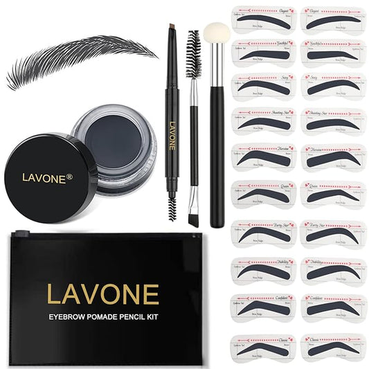 LAVONE Eyebrow Stamp Stencil Kit - Brow Stamp Trio with Waterproof Pencil, Pomade, 20 Stencils, Dual-ended Brush and Sponge Applicator - Dark Black