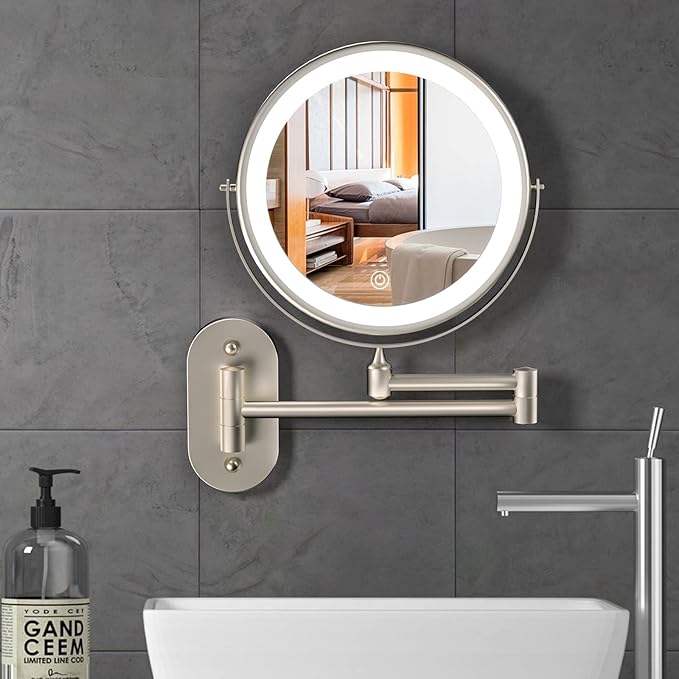 Rechargeable Wall Mounted Lighted Makeup Vanity Mirror 8 inch 1X/10X Magnifying Mirror with 3 Color Lights, Double Sided Bathroom Mirror with Dimmable LED Lights, Shaving Light up Brush Nickel