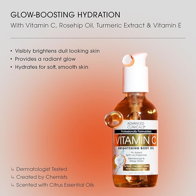 Advanced Clinicals Vitamin C illuminating Body Oil For Women & Men |Vitamin C Oil Skin Care Body Moisturizer With Vitamin E + Botanicals To Help Improve Appearance Of Dark Spots + Dry Skin, 3.8 Fl Oz