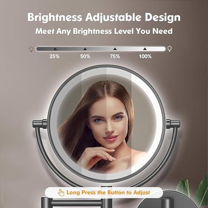 FASCINATE Upgraded Wall Mounted Makeup Mirror with Lights, Super Large Double Sided 1X/10X Magnifying Mirror for Bathroom, 360° Swivel Extendable Plug Touch Sensor Vanity Mirror