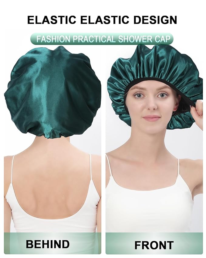 YIZIJIZI Triple Layer Reusable Waterproof Shower Cap for Women Large Terry Lined Hair Cap for Long Thick Hair Travel Bath Care Blackish Green