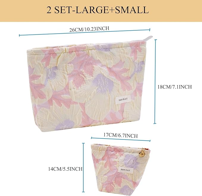 2 Pcs Makeup Bags, Large Cosmetic Bag Travel Toiletry Bag Organizer for Women, Embroidery Craft, Floral Makeup Bag Small Cosmetic Pouch Purse with Zipper Gifts for Girls Teen