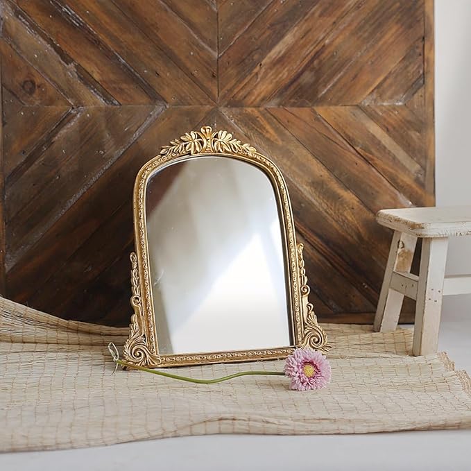 Vintage Gold Vanity Makeup Desk Mirror - Antique Chic Arch Table Mirror with Carved Resin Frame, Small Standing Arendahl Mirror for Living Room, Bedroom, Tabletop (13.2" x 12.8")