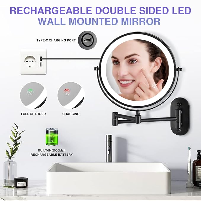 Rechargeable Wall Mounted Makeup Mirror, 8.5 inch Double-Sided 1/10x Magnifying Bathroom Mirror with 3 Color Lights, Lighted Vanity Mirror with 2-Touch Screen Dimming & Luminance Memory