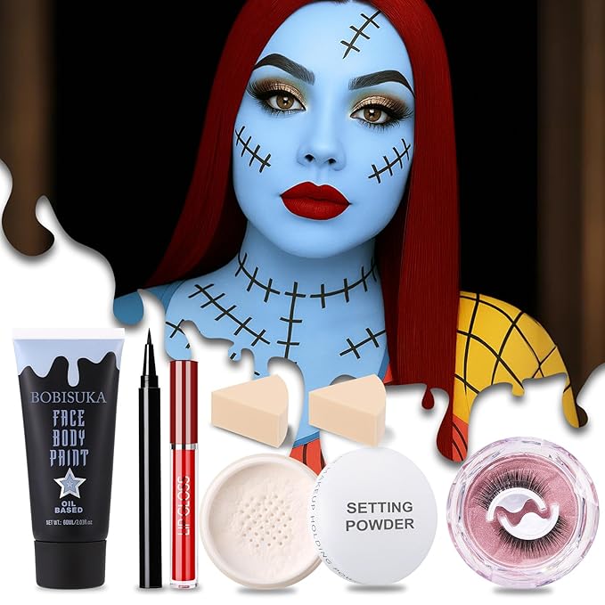 6 PCS Halloween Sally Makeup Set - Includes Light Blue Face Body Paint(60ml), Black Eyeliner, False Eyelashes, Red Lipstick - Oil-Based SFX Face Painting Kit for Costume, Cosplay, Dress-Up Party