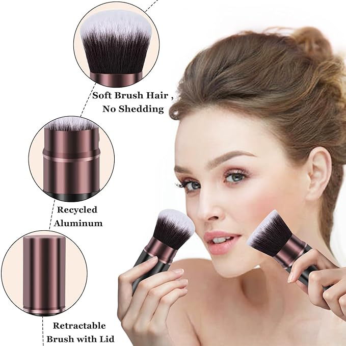Makeup Brushes, Retractable 2 Pack Travel Kabuki Blush Makeup Brush Face Powder Foundation Brushes for Blending Liquid, Blush, Bronzer, Buffing, Sunscreen,Flawless Cosmetics