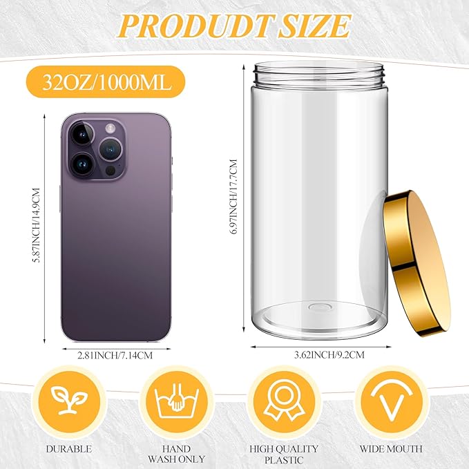 Patelai 4 Pieces Round Wide-mouth Leak Proof Plastic Container Jars with Lids for Travel Storage Makeup Beauty Products Face Creams Oils Salves Ointments DIY Making(32 Ounce,Gold)