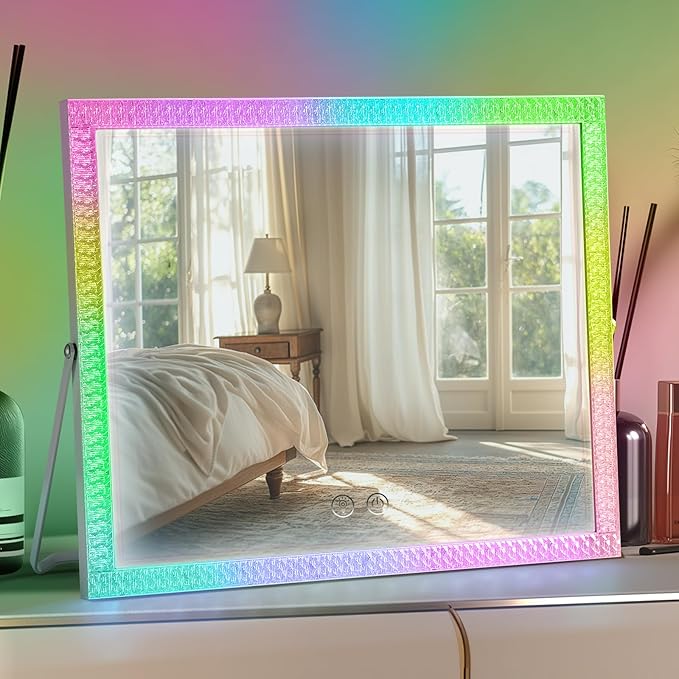Vanity Mirror with Lights,RGB & 3 Dimmable Light Modes Makeup Mirror with Touch Control,Light Up Mirror for Desk,360°Rotation,17x22 Inch
