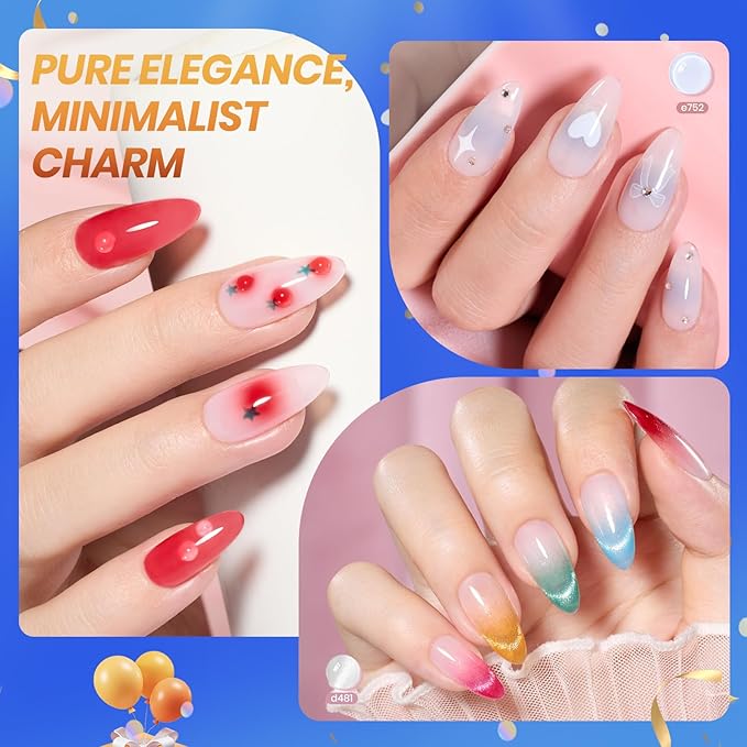 Beetles Jelly Gel Nail Polish Set, 53PCS 36 Colors Jelly Pink Milky White Red Black Blue Green Silver Cat Eye Base Glitter Glossy Matte Top Coat Crystal Ice Collection French Nails Gift for Women