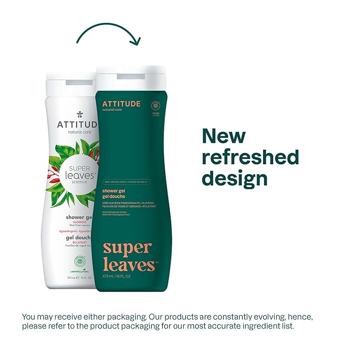ATTITUDE Body Wash, EWG Verified Shower Gel, Dermatologically Tested, Plant and Mineral-Based, Vegan Personal Care Products, Red Vine Leaves, 16 Fl Oz (Pack of 2)