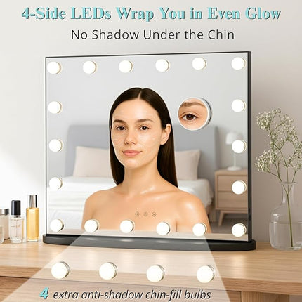 LUXFURNI Hollywood Glamour Vanity Mirror with 4 Extra Bottom Bulbs | Shadow-Free, Perfect Makeup View | Desk & Wall Mountable | 3 Color Modes for Office, Outdoor, Party Looks | USB Charging
