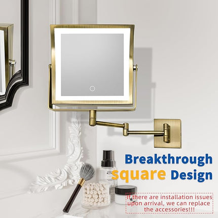 Ruacq Rechargeable Wall Mounted Makeup Mirror with Lights, Double Sided 1X/10X Magnifying Vanity Mirror with 3 Color Lights, Touch Screen Dimmable, 360° Rotation Extension Foldable Arm(Antique Brass)