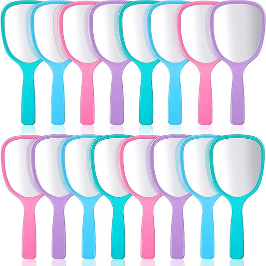 Hicarer 16 Pcs Hand Handheld Mirror with Handle Plastic Travel Makeup Handheld Cosmetic Mirror for Travel, 3.15 Inch Wide, 7.09 Inch Long (Blue,Green,Pink,Purple)