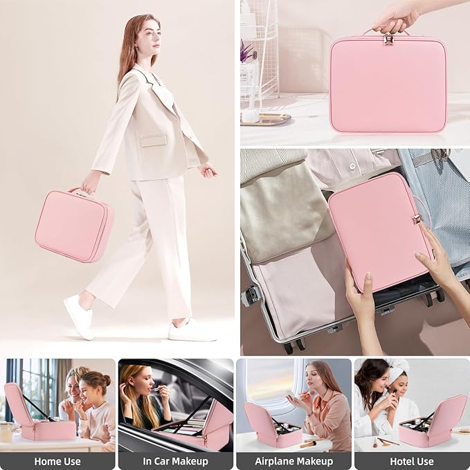 Lighted Makeup Case with Mirror, Adjustable Dividers - Portable Cosmetic Organizer Bag for Travel