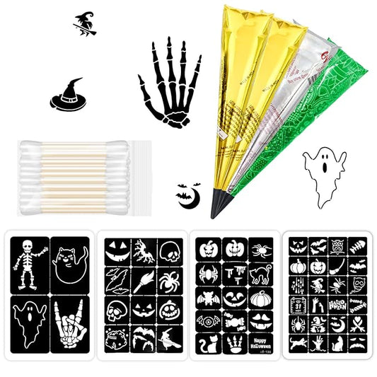 Halloween Temporary Tattoos Stencils Kit,Temporary Tattoos Kit - 4 Pcs 4 Color(Maroon,Black,Cherry red,Green) Ink with Gloves,DIY Body Art Painting for Women Men Adults Kids