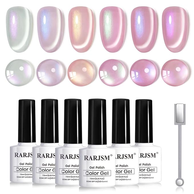 RARJSM Ceramic Moonlight Cat Eye Gel Nail Polish Set 6pcs Velvet Silver Shimmer Nude Pink Light Purple White Blue Glitter Sparkle Bright Pearl Shell Effect with Magnet Stick Curing Requires Home Salon