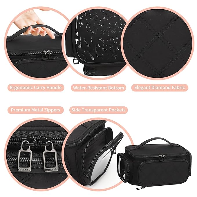 OCHEAL Makeup Bag,Travel Makeup Organizer Bag for Women with Zipper Pouch and Side Pocket, Multifunctional Compartments and Dividers,Toiletry Make up Case for Toiletries, Brushes & Beauty Tools-Black