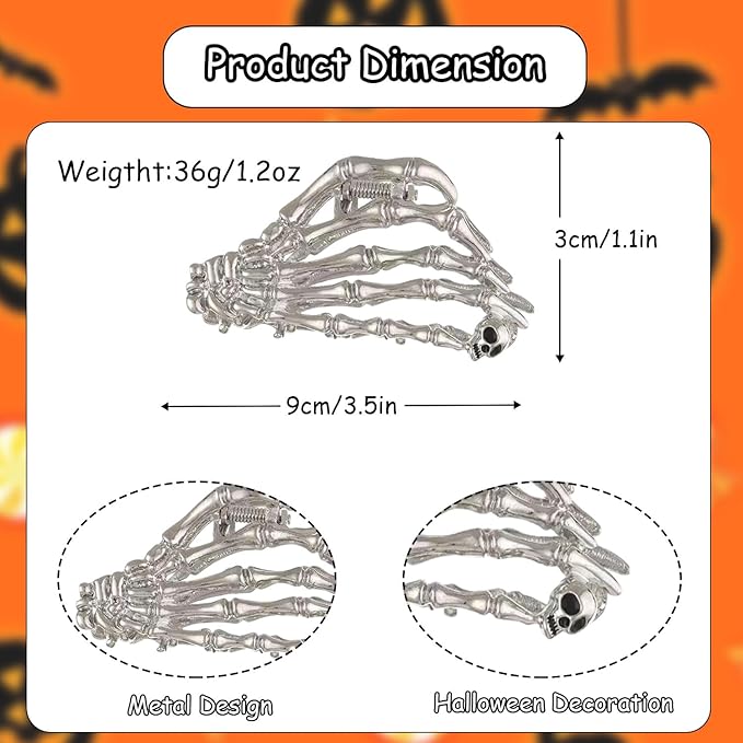 3 Pcs Halloween Hair Claw Clips Black and Golden Skeleton Hand Hair Styling Accessories for Women Girls, Gothic Large Medium Size Catch Clips for Thick Hair Horror Theme Party