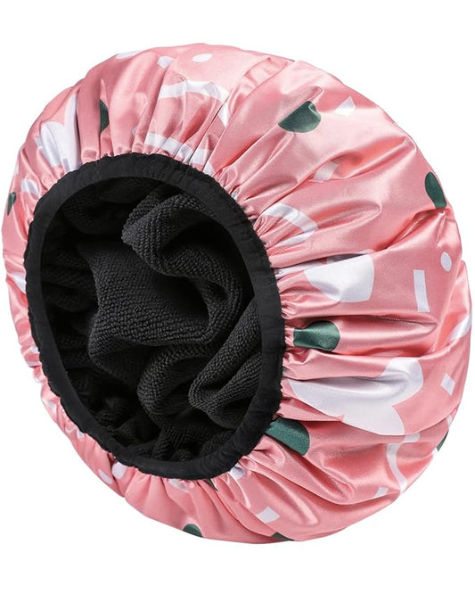 YIZIJIZI Triple Layer Reusable Waterproof Shower Cap for Women Large Terry Lined Hair Cap for Long Thick Hair Travel Bath Care Pink Flowers