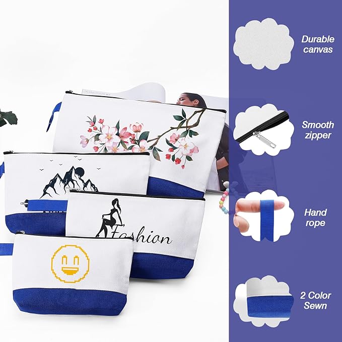 10 Pieces Cotton Canvas Makeup Bag with Bottom and Strap, Multi-Purpose Cosmetic Bag with Zipper Travel Toiletry Pouch, Blank DIY Craft Bag (White&Blue, S)