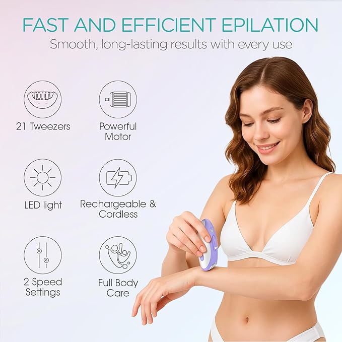 Epilators Hair Removal for Women with 21 Tweezers & LED Light, 2 Speeds Cordless Epilator for Women, Electric Hair Removal Epilators Rechargeable for Arms & Legs HR110 (Purple)