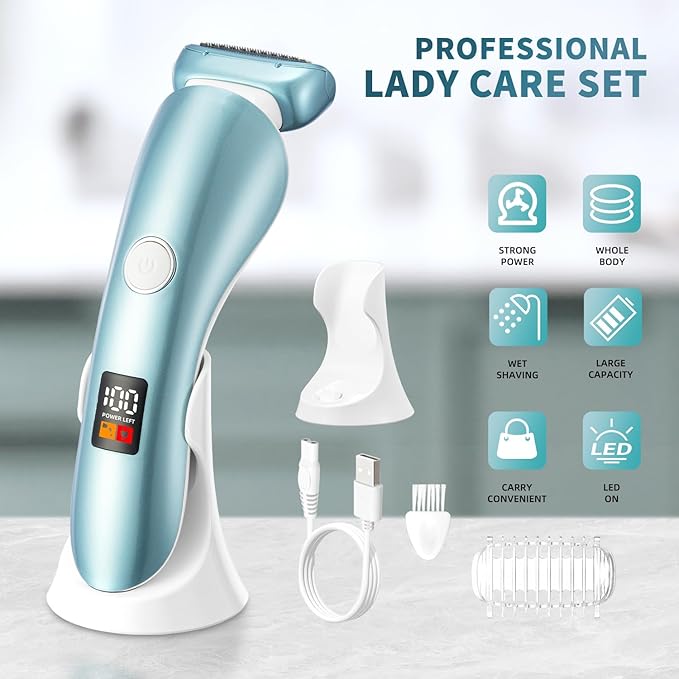 Electric Razors for Women, Bikini Trimmer Wet & Dry Use, Painless Pubic Hair Trimmer, Rechargeable Electric Shaver for Legs, Face, Pubic Hair, Underarms with Detachable Head, Blue