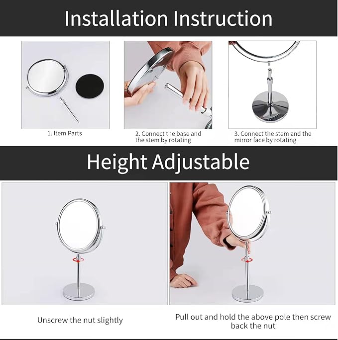 Nicesail 19 Inch Tall Makeup Mirror with 10X Magnification, Make up Mirror 8 Inch Double-Sided, Table Mirror with Pedestal for Shaving, Standing Mirror Height Adjustable Chrome Finish (8 Inch, 10X)