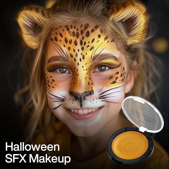 Gold Face Body Paint, Highly Pigmented Cream to Powder Metallic Gold Face Painting for Kids & Adults, Pro Non Toxic Shimmer Fine Powder & Highlighter Makeup for Halloween Cosplay, Art, Theater, Stage