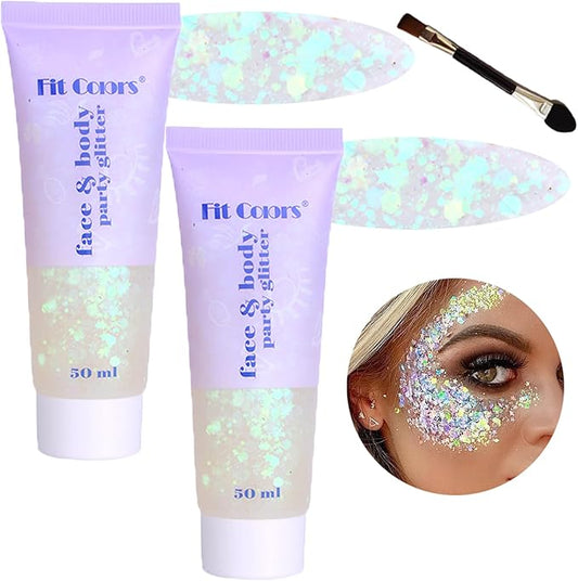 Body Glitter Face Glitter Gel: Singer Concerts Disco Festival Rave Accessories Face Glitter Makeup 150ml Chunky Sequins Mermaid Face Body Hair Glitter Gel (2 White)