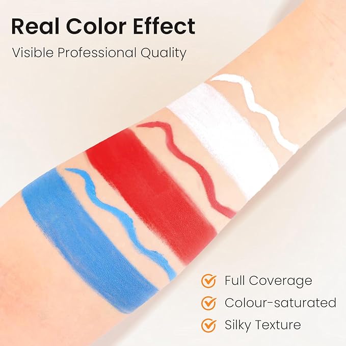 3 Colors Face Body Paint + 3pcs Sponge + 3pcs Brush, 【Full Coverage】【Skin Friendly】【Long Lasting】, Professional Paint Makeup Product For Halloween/Masquerade/Cosplay/Movie Makeup, Red+White+Blue